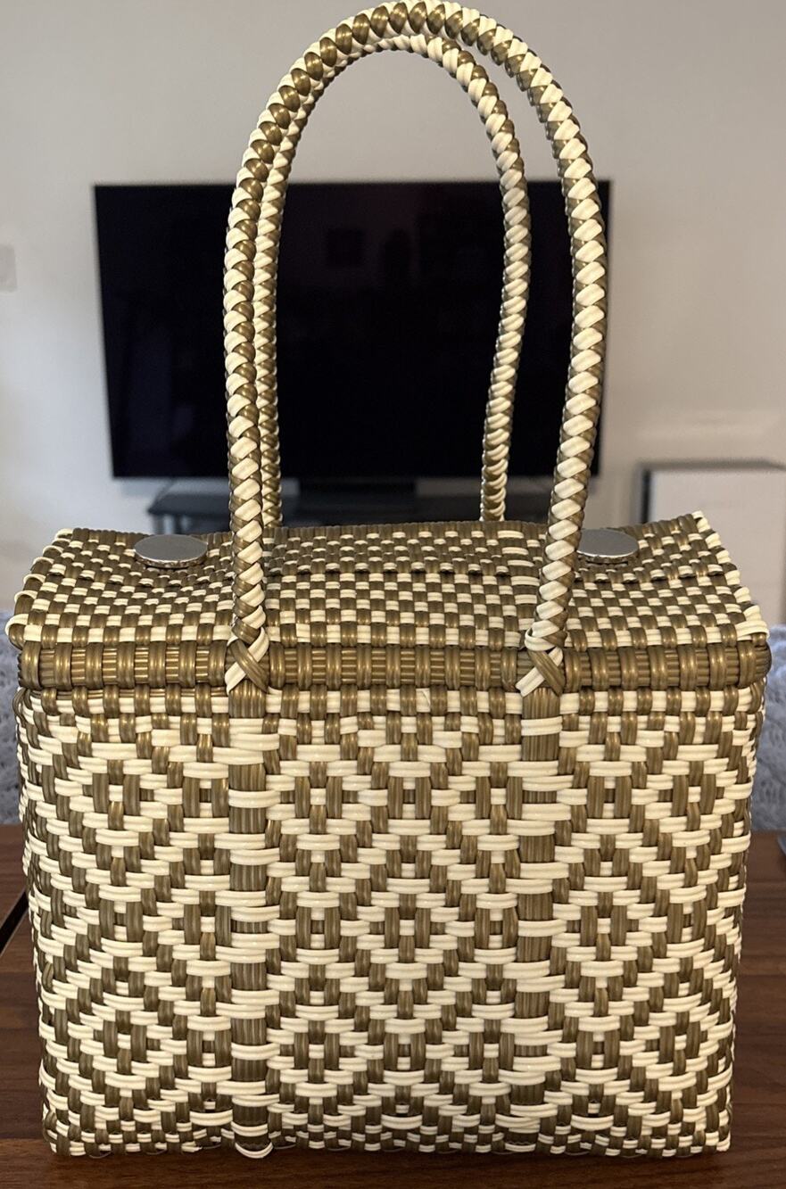 EUC Mexican Artisan Handwoven White Gold Box Purse Bag Handmade Geometric